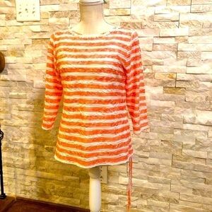 Ruby Rd Petite Salmon Striped Beaded Neckline Textured Ruched Side Top S…​